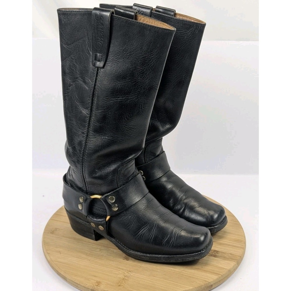 Womans 8.5 Black Leather Biker Square Toe Pull On Riding